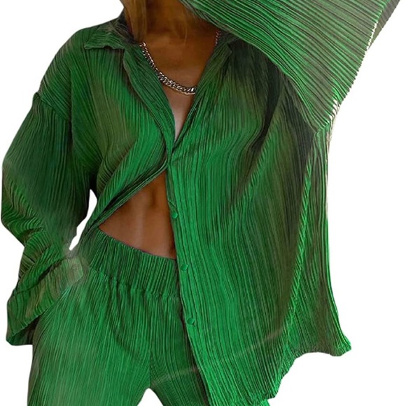 Wide Leg Pants Set, Casual Long Sleeve Button Down Shirt Linen Pants - Picture 1 of 3